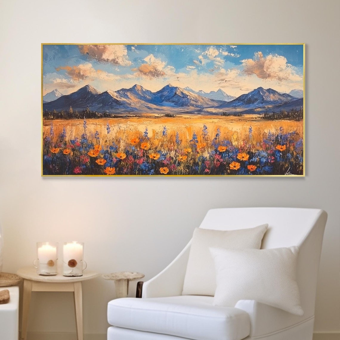 Mountain Meadow Wildflower Field Spring Landscape Oil Painting Poster
