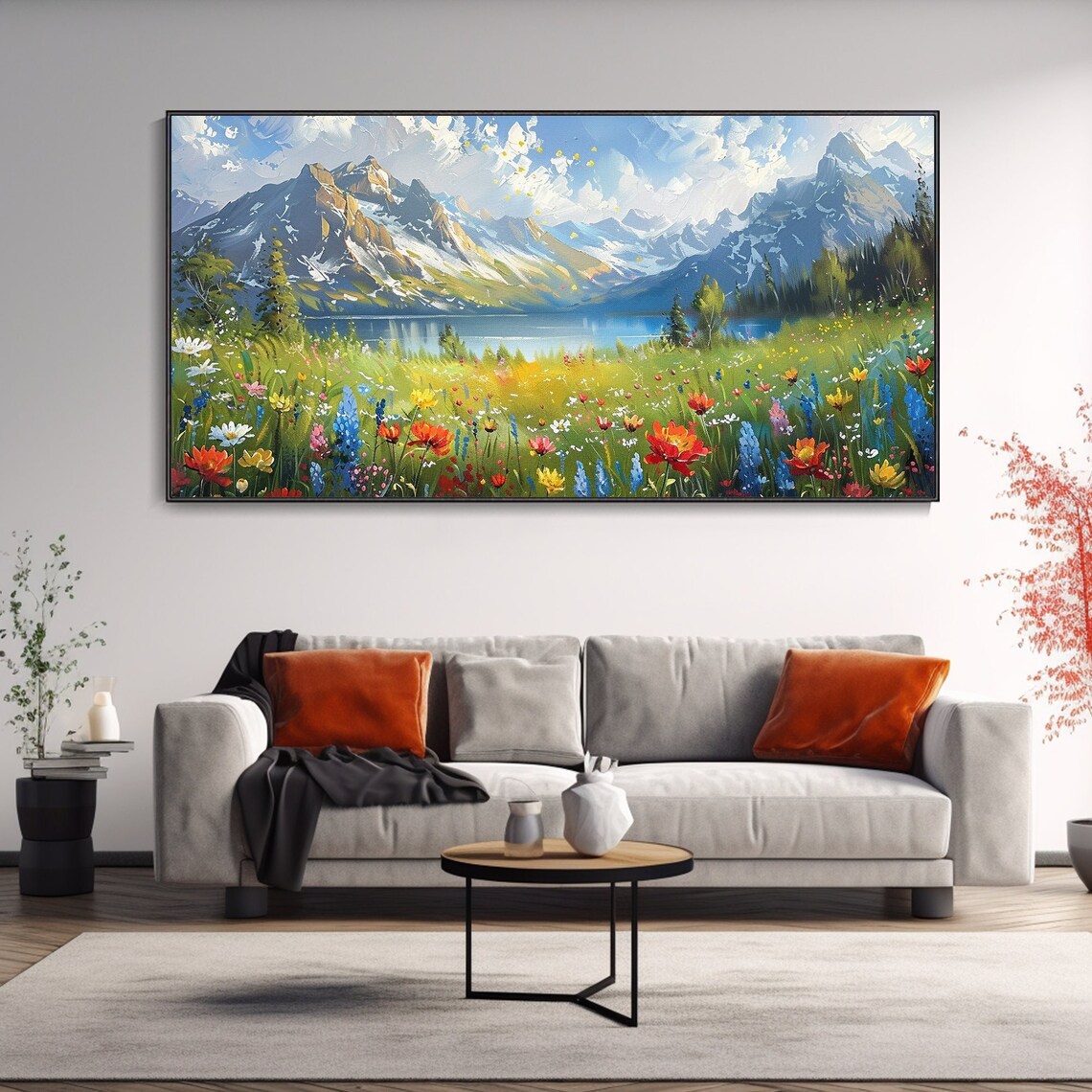Mountain Snow Peak and Wildflower Lake Oil Print