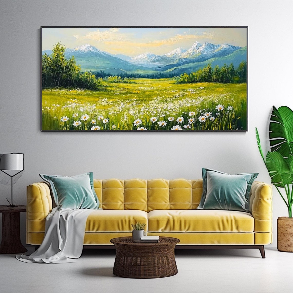 Spring Daisy Meadow Snowy Mountain Peaks Green Valley Painting Poster