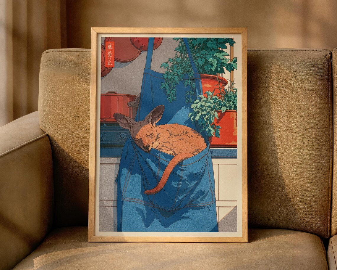 Japanese Kangaroo Kitchen Ukiyoe Woodblock Style Funny Art Poster