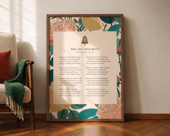 Alfred Lord Tennyson Ring Out Wild Bells Poem Print Poetry Poster Inspirational New Year Floral Wall Art Book Lover Gift