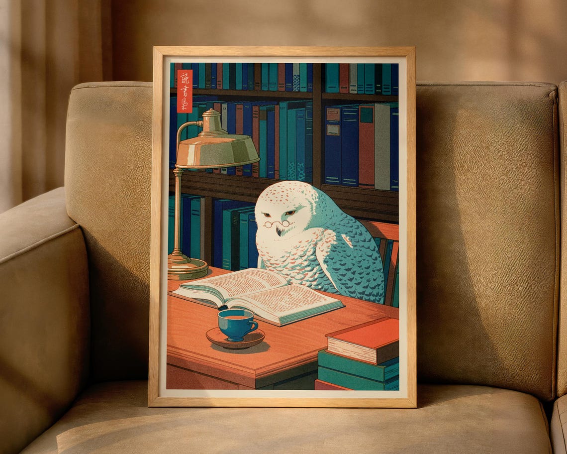 Japanese Snowy Owl Reading Library Book Scholar Woodblock Art Poster