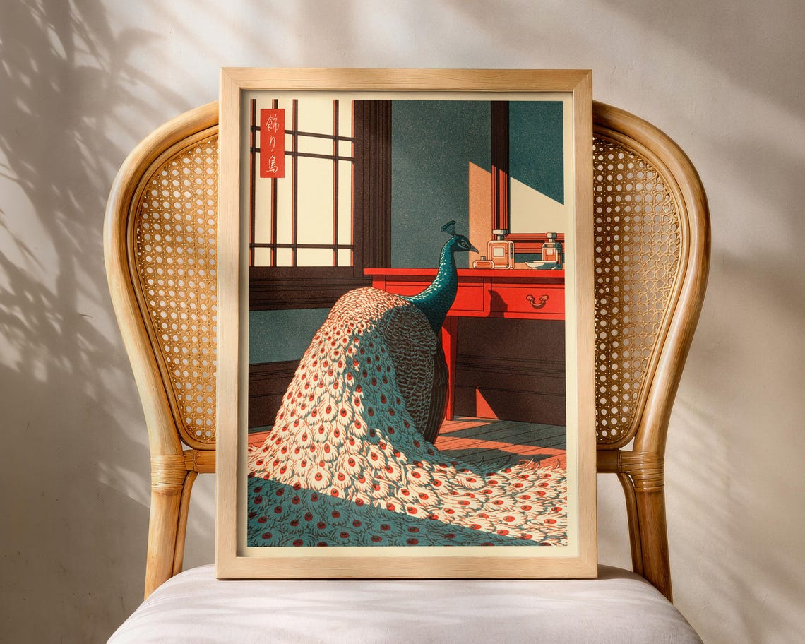 Peacock At Vanity In Japanese Style Bird Decorative Poster Art