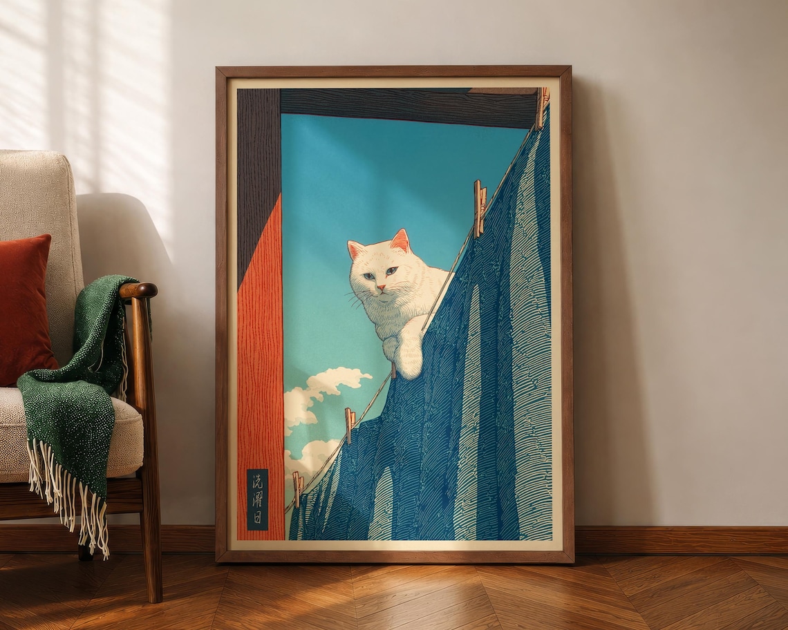 Japanese White Cat Laundry Line Curious Japandi Woodblock Art Poster