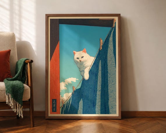 Japanese White Cat Poster Laundry Room Print Japandi Wall Decor Hasui Kawase Inspired Hiroaki Takahashi Style Shinhanga Art