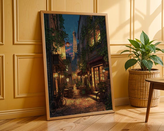Paris Alley Night Poster Animestyle Illustration Cozy Mood