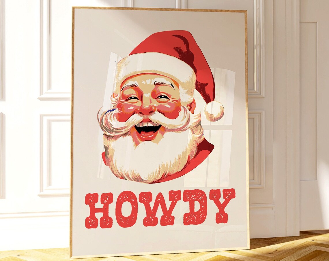 Howdy Santa Western Christmas Art Print, Retro Santa