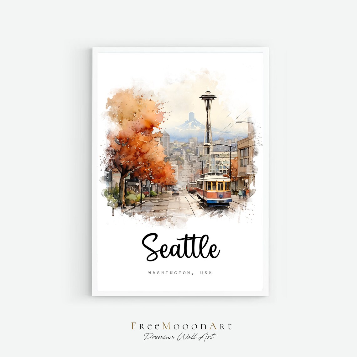 Seattle Washington Streetcar Space Needle Watercolor Travel Poster