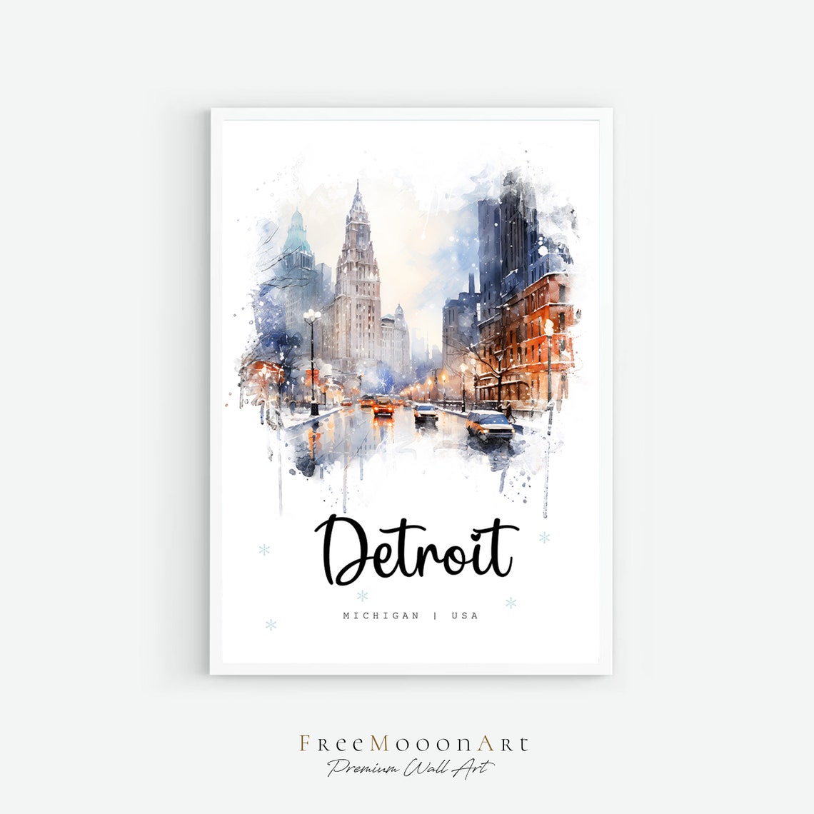Detroit Michigan Travel Poster Detroit City Print Michigan Wall Art Usa Prints Print Detroit Watercolor Painting