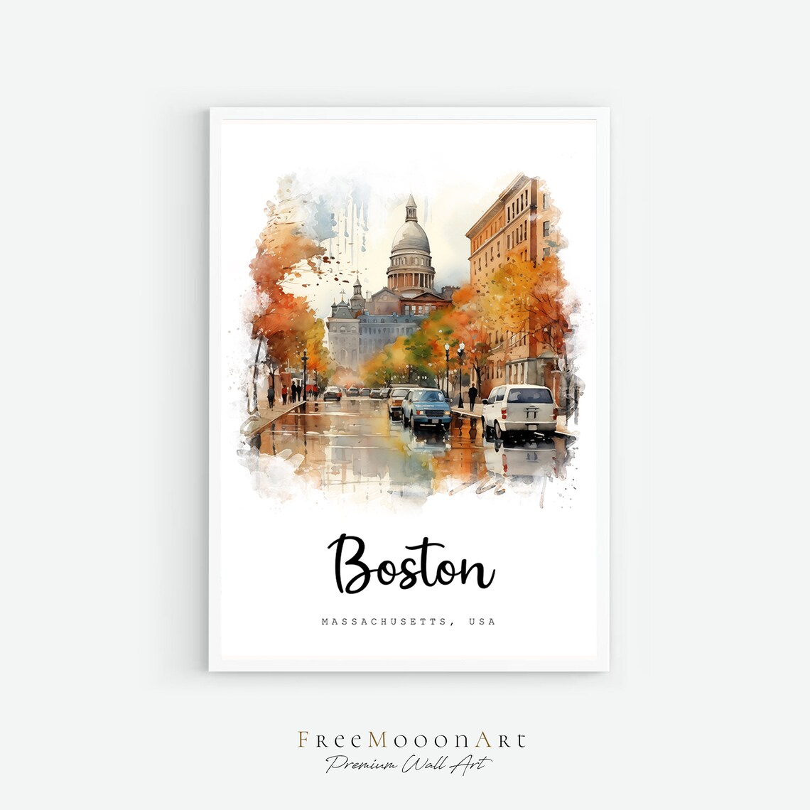 Boston Massachusetts Historic Downtown Street Watercolor Poster