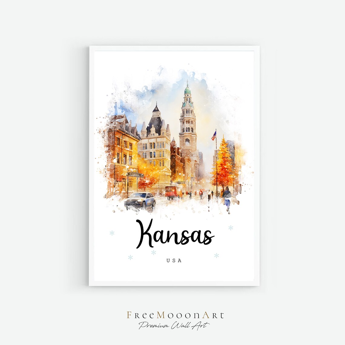 Kansas Winter Downtown Watercolor Historic Tower Travel Poster