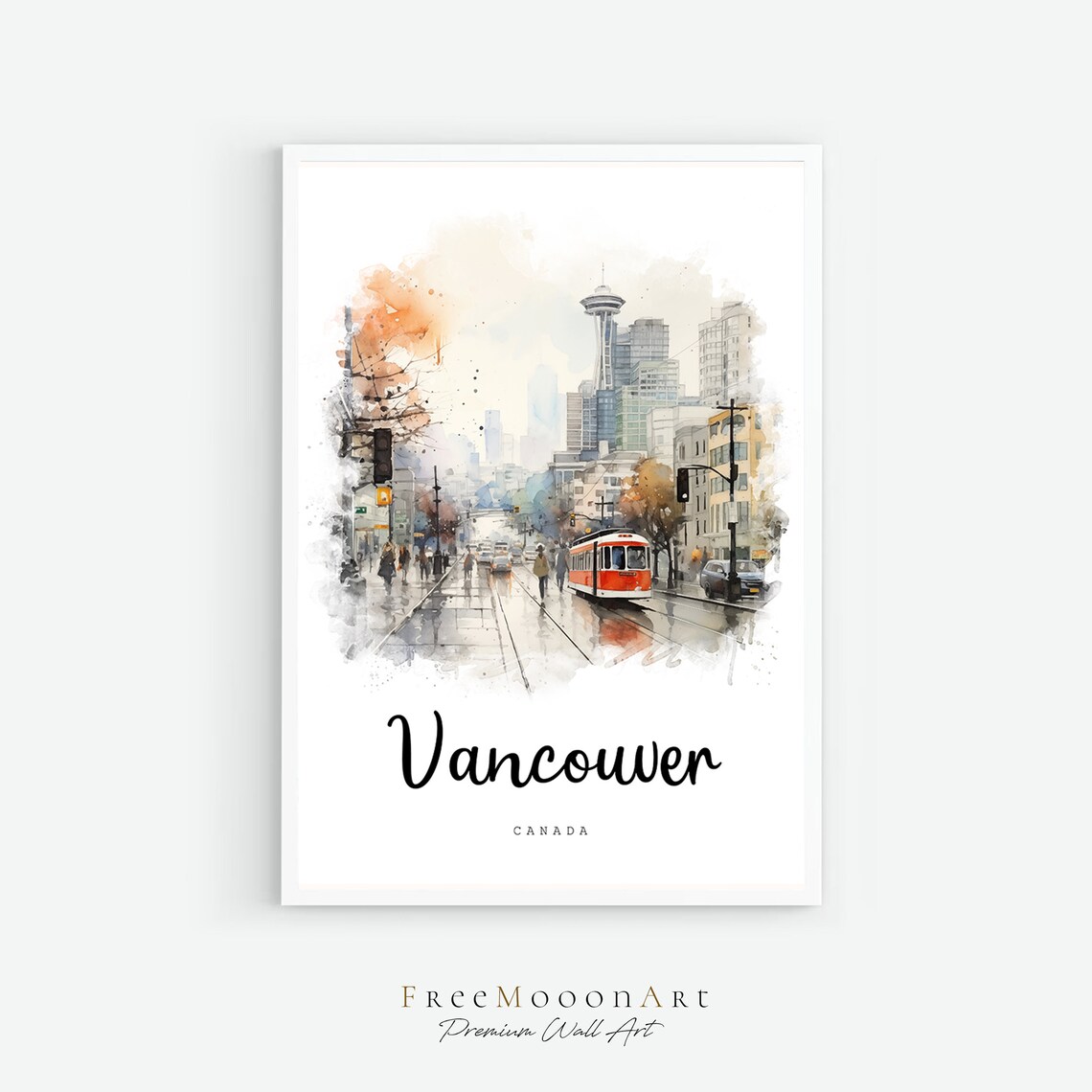 Vancouver Canada Downtown Street Trolley Watercolor Travel Poster