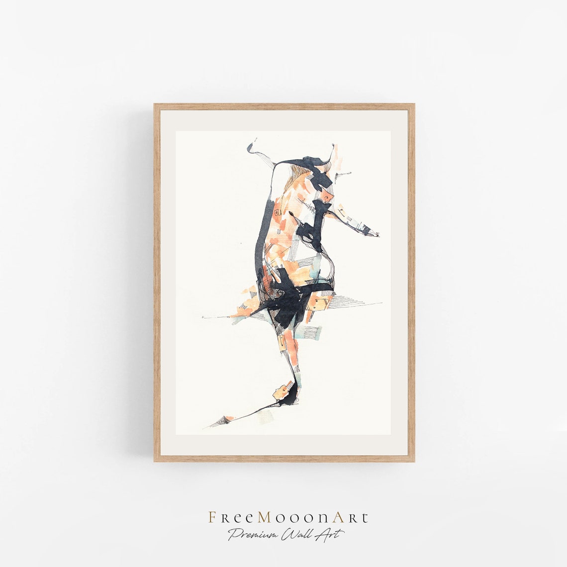 Abstract Standing Figure Black and Orange Ink Wash Painting Poster