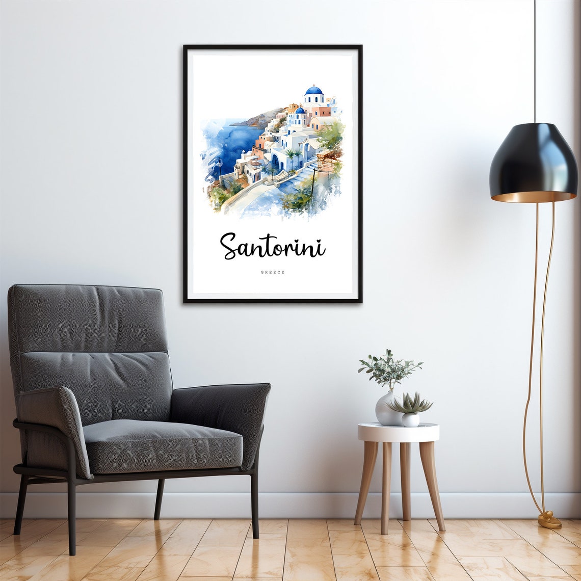 Santorini Greece Blue Domes Watercolor Travel Poster Island View - Image 4