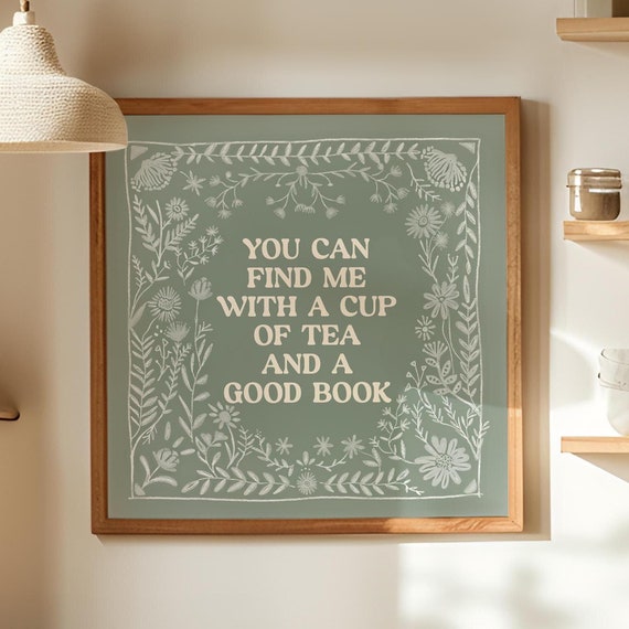 Book Lover Print Cup Of Tea And A Good Book Quote Gift For Avid Reader Folk Art Cottagecore