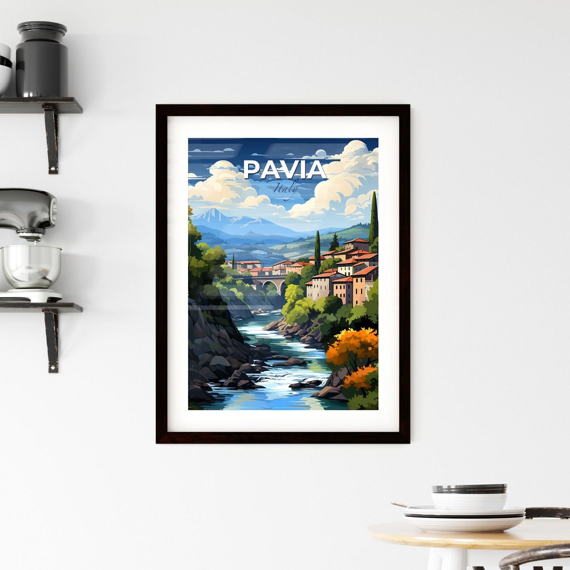 Pavia Italy River Valley Stone Bridge Village And Mountains Poster - Image 2