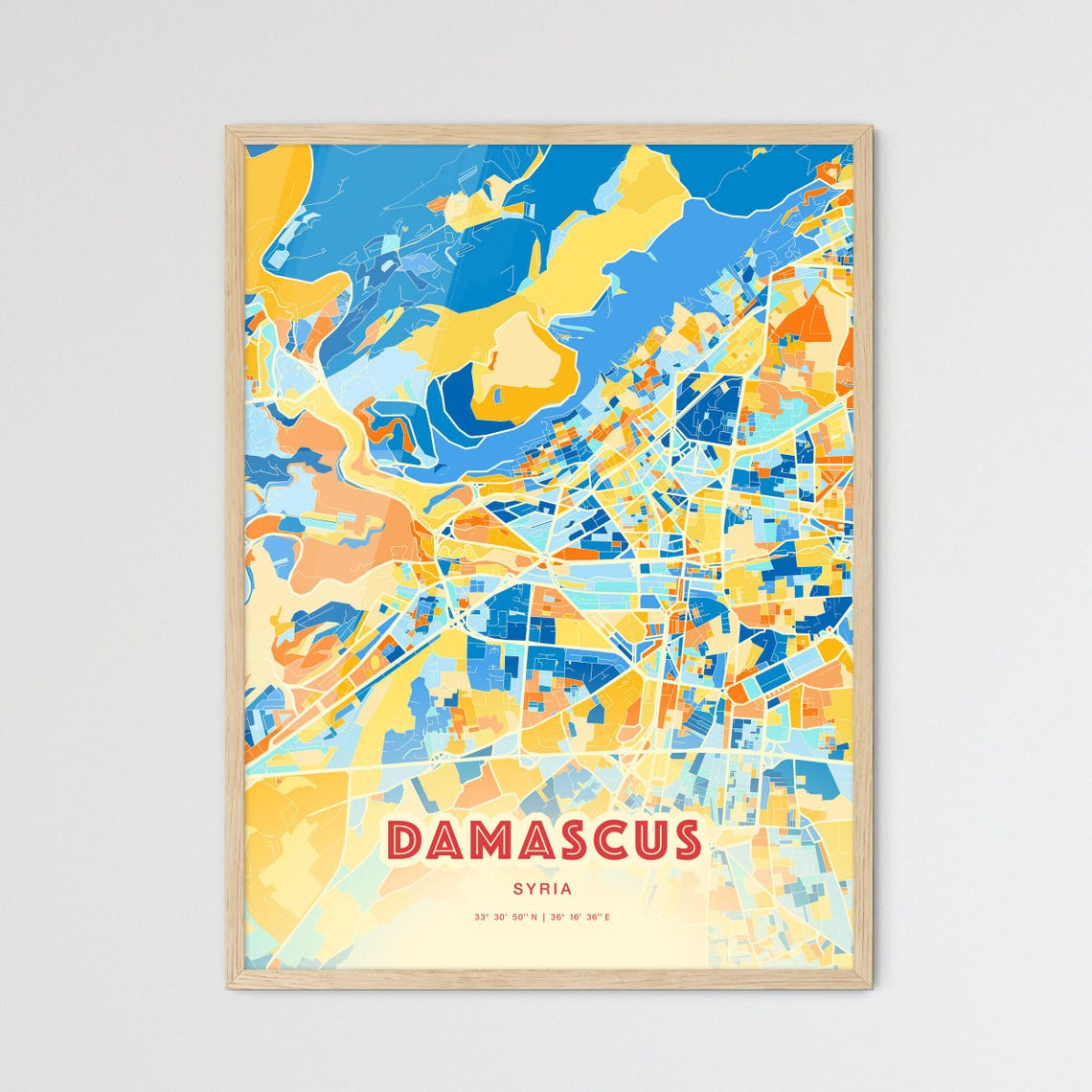 Damascus Syria Elegant Pastel Blue and Orange Fine Art Map Print