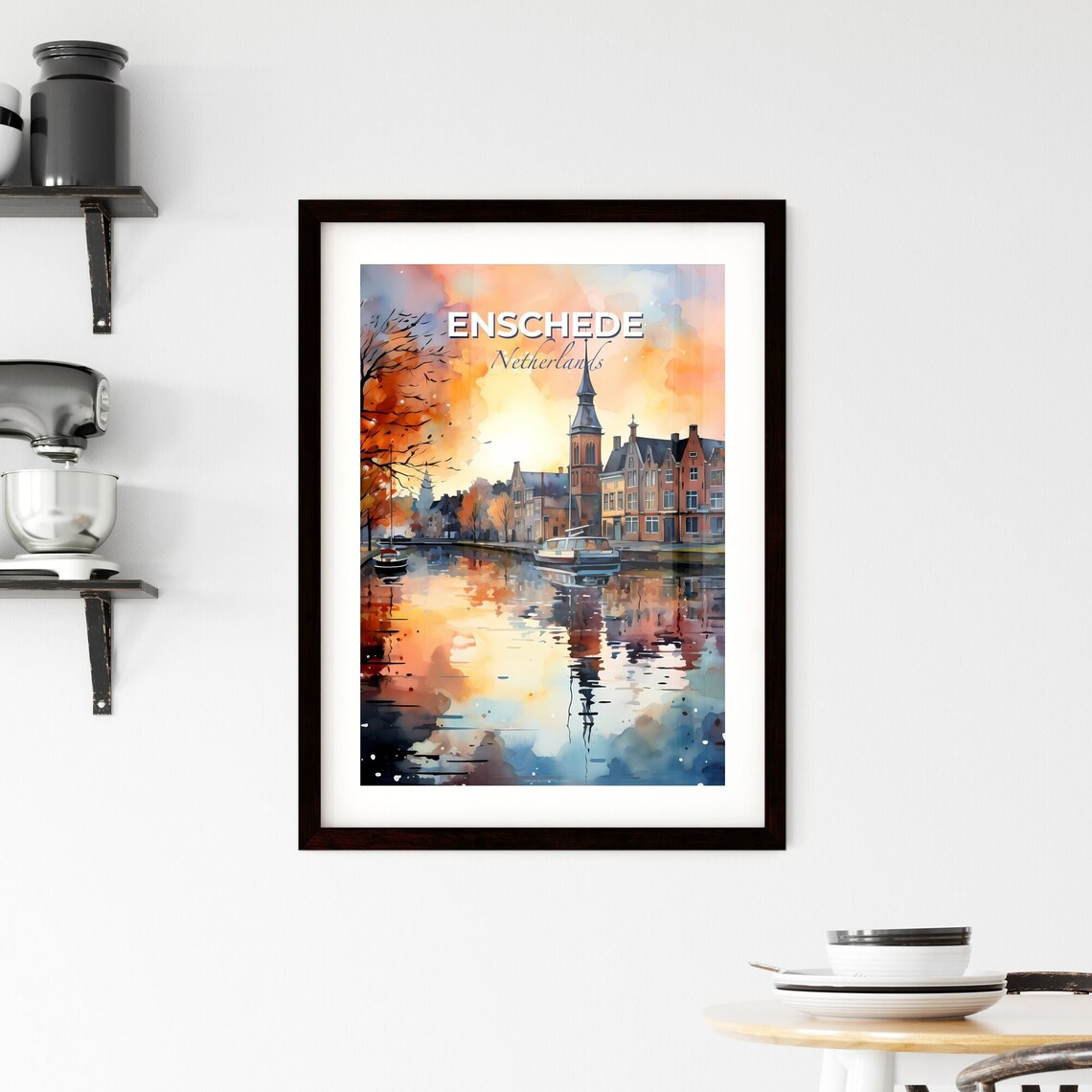 Enschede Netherlands Watercolor Canal Boats Autumn Sunset Poster - Image 2