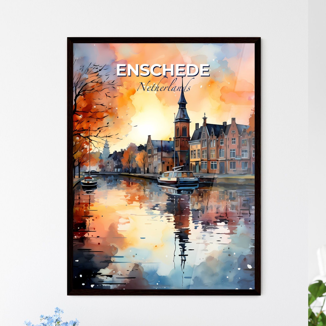 Enschede Netherlands Watercolor Canal Boats Autumn Sunset Poster
