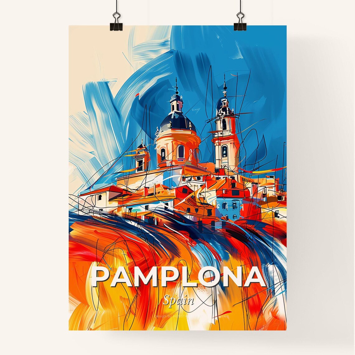 Pamplona Spain Colorful City Painting Abstract Cathedral Poster - Image 4