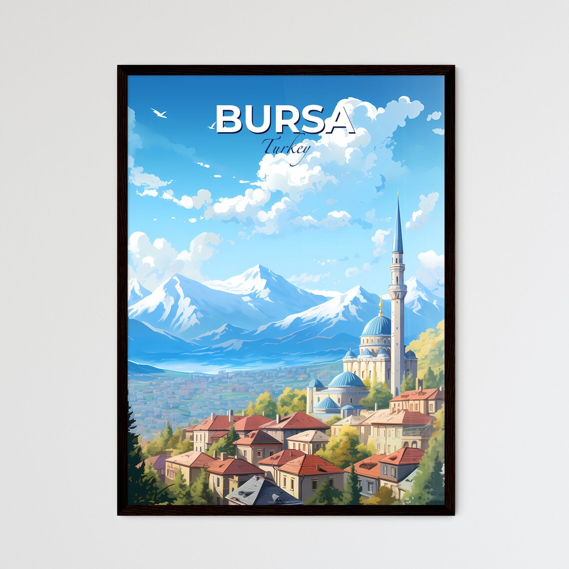 Bursa Turkey Mosque Minaret Snowy Mountain Skyline Travel Poster
