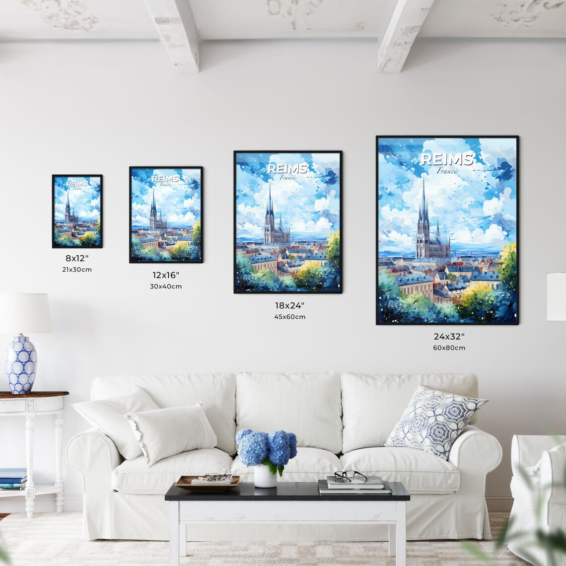 Reims France Travel Poster Gothic Cathedral City Skyline Blue Sky Art - Image 3