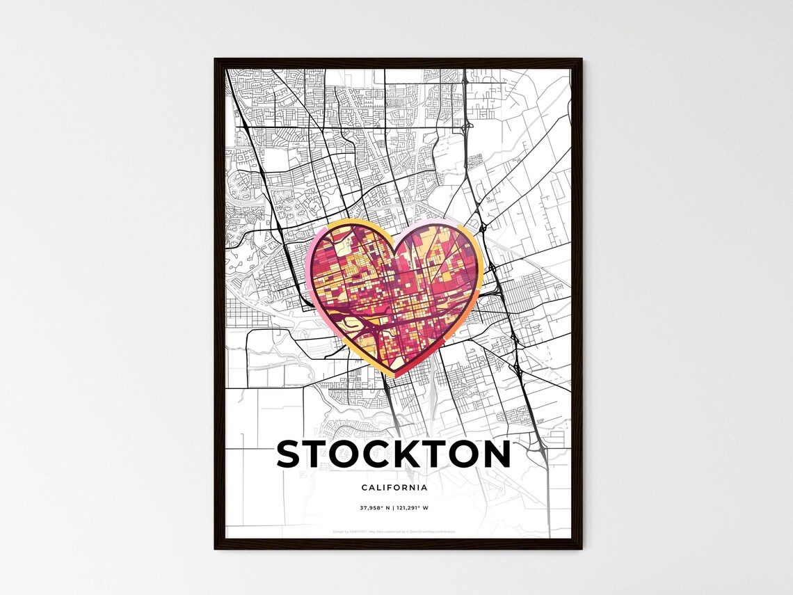 Stockton California Minimal Map Art With Colorful Heart Icon Poster