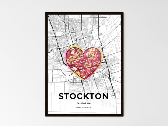 Stockton California Minimal Map Art With Colorful Heart Icon Poster