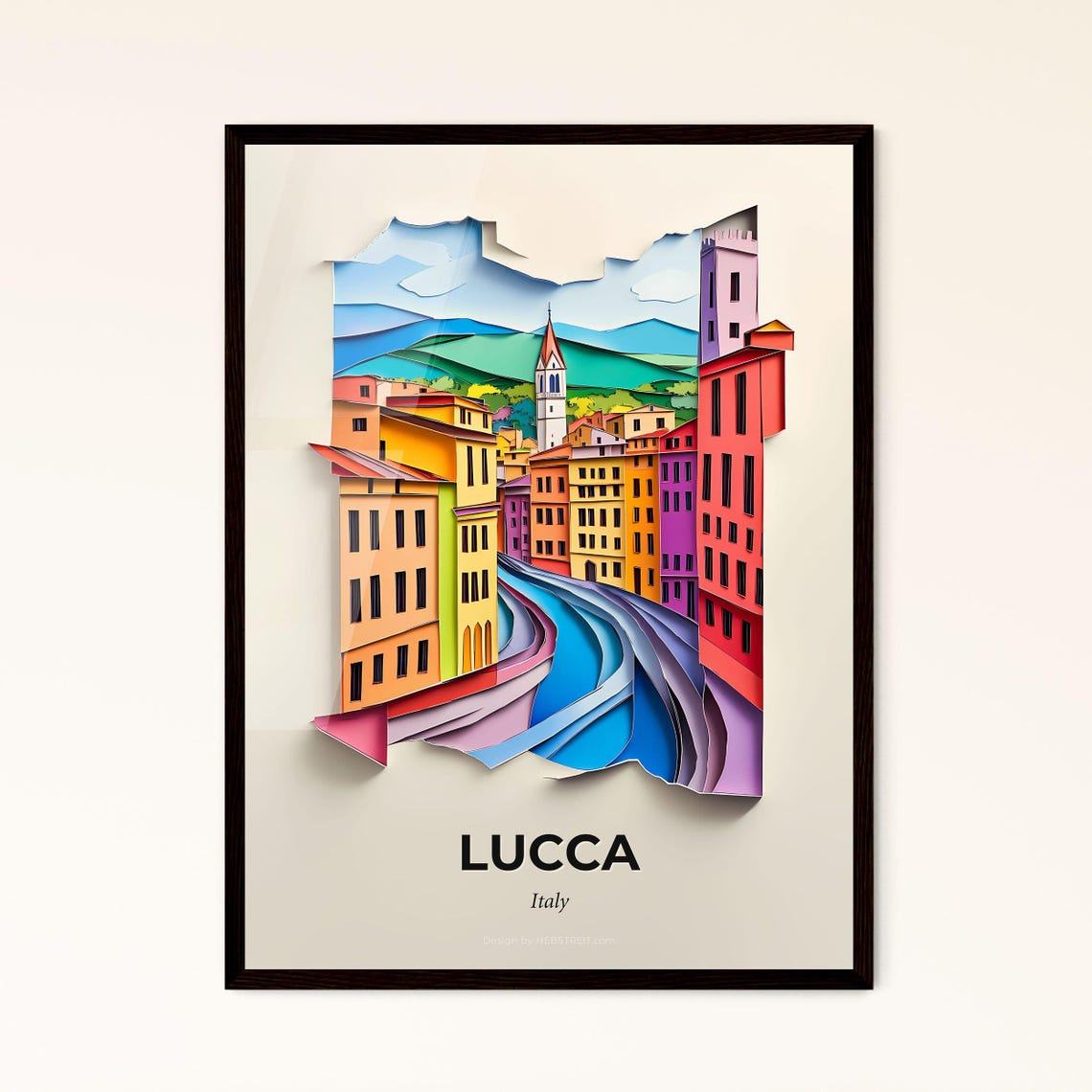 Lucca Italy Colorful Paper Cut Riverside Old Town Travel Poster