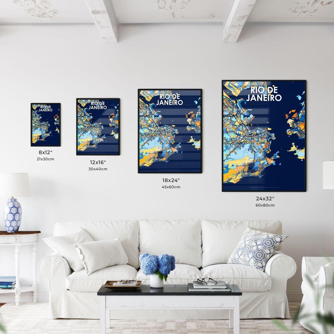 Rio de Janeiro Brazil Stylish Vibrant Blue and Orange Mosaic City Map Poster - Image 3
