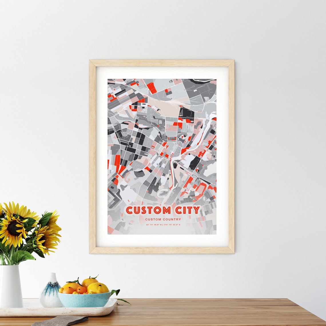 Custom City Map Poster Personalized Hometown Red Gray Modern Art - Image 2