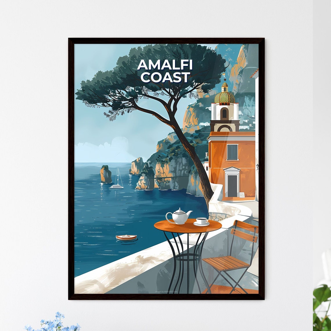 Amalfi Coast Italy Seaside Terrace Cafe Cliffs Sailboat Poster