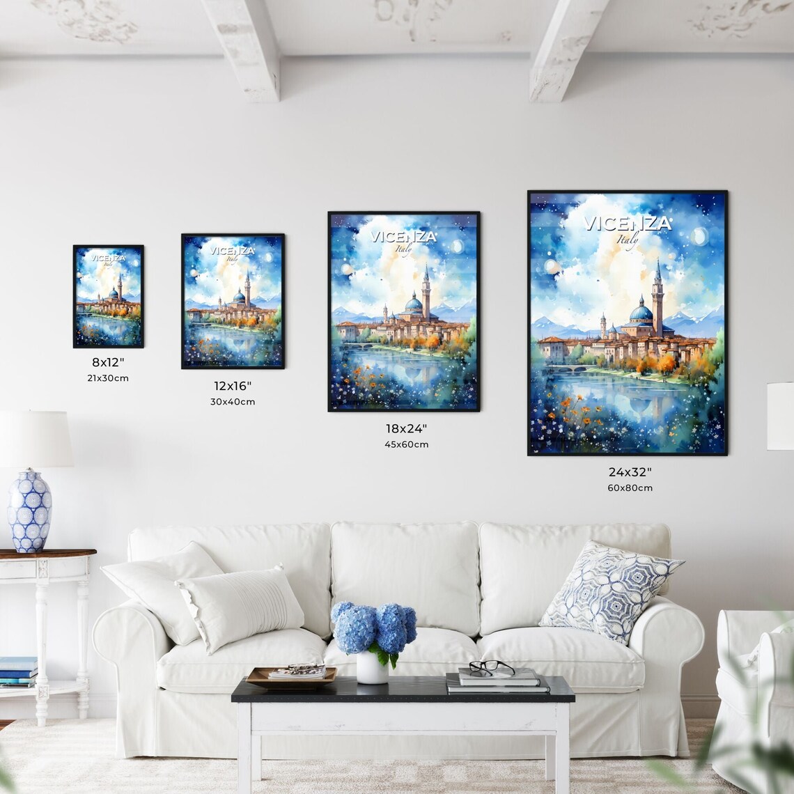 Vicenza Italy Dreamy Watercolor Cathedral Riverside Travel Poster - Image 3