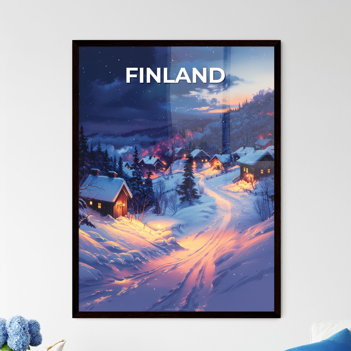 Finland Snowy Village Winter Night Glowing Cabins Art Poster