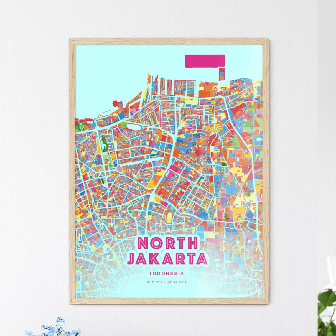North Jakarta Indonesia Rainbow City Map Poster Vibrant Colorful Street Grid Art