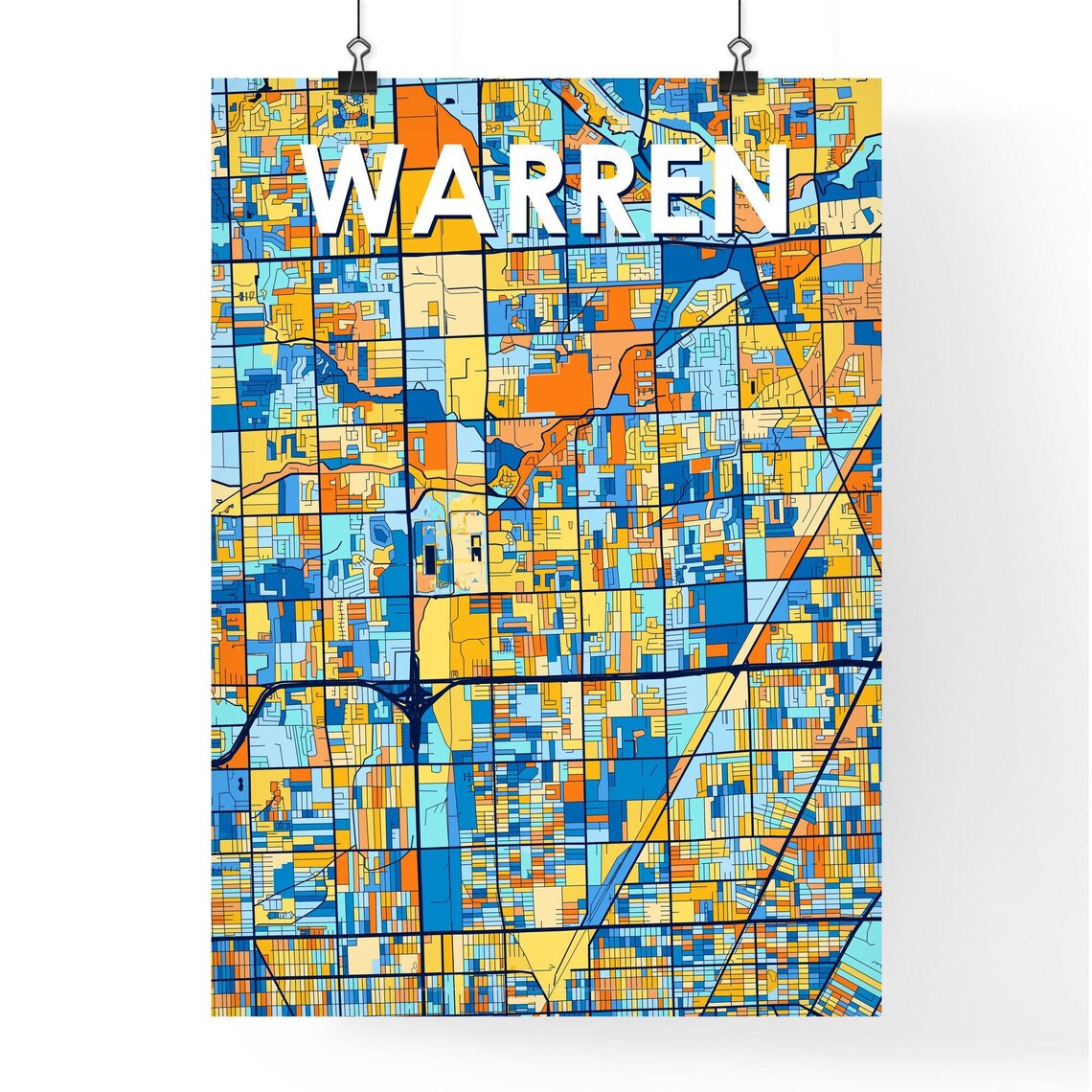 Warren Michigan Stylish Vibrant Blue and Orange Mosaic City Map Poster - Image 4