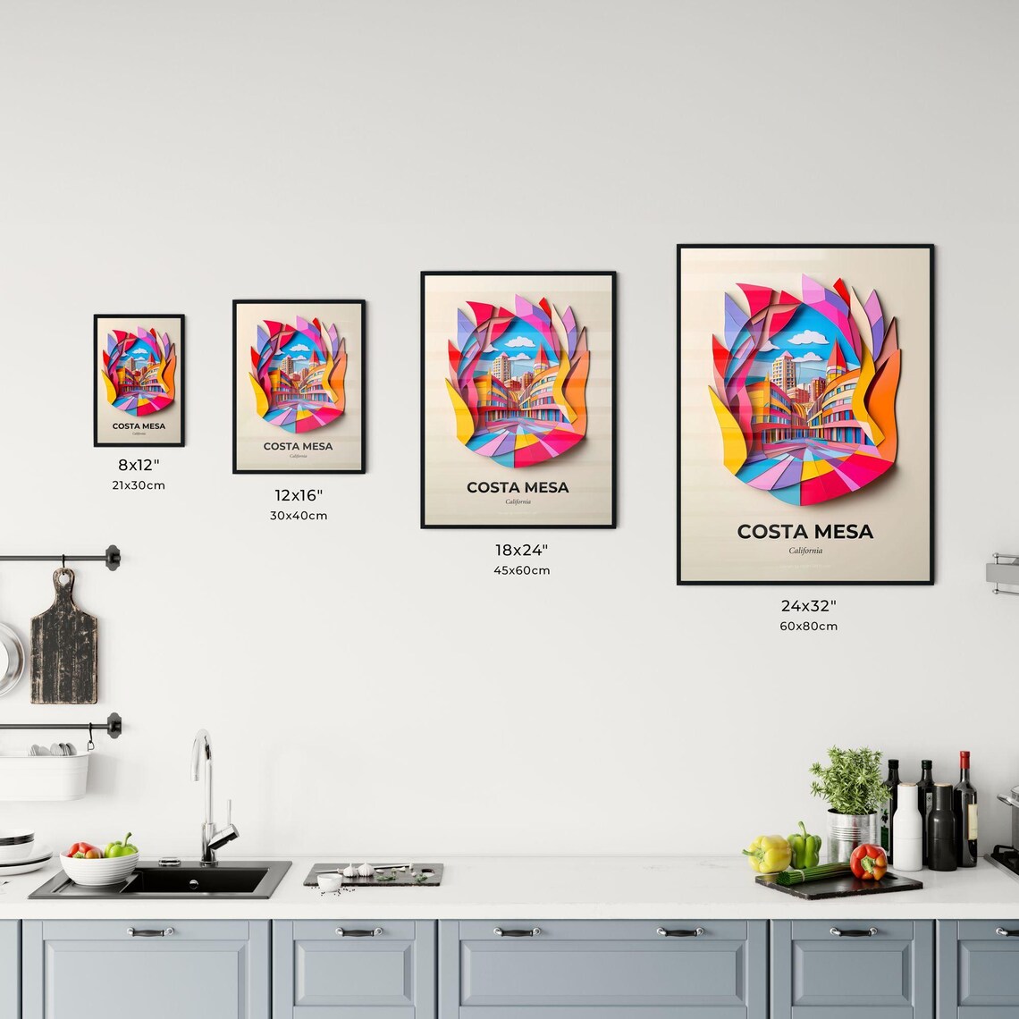 Costa Mesa California Colorful Paper Cut Modern Plaza Poster - Image 3