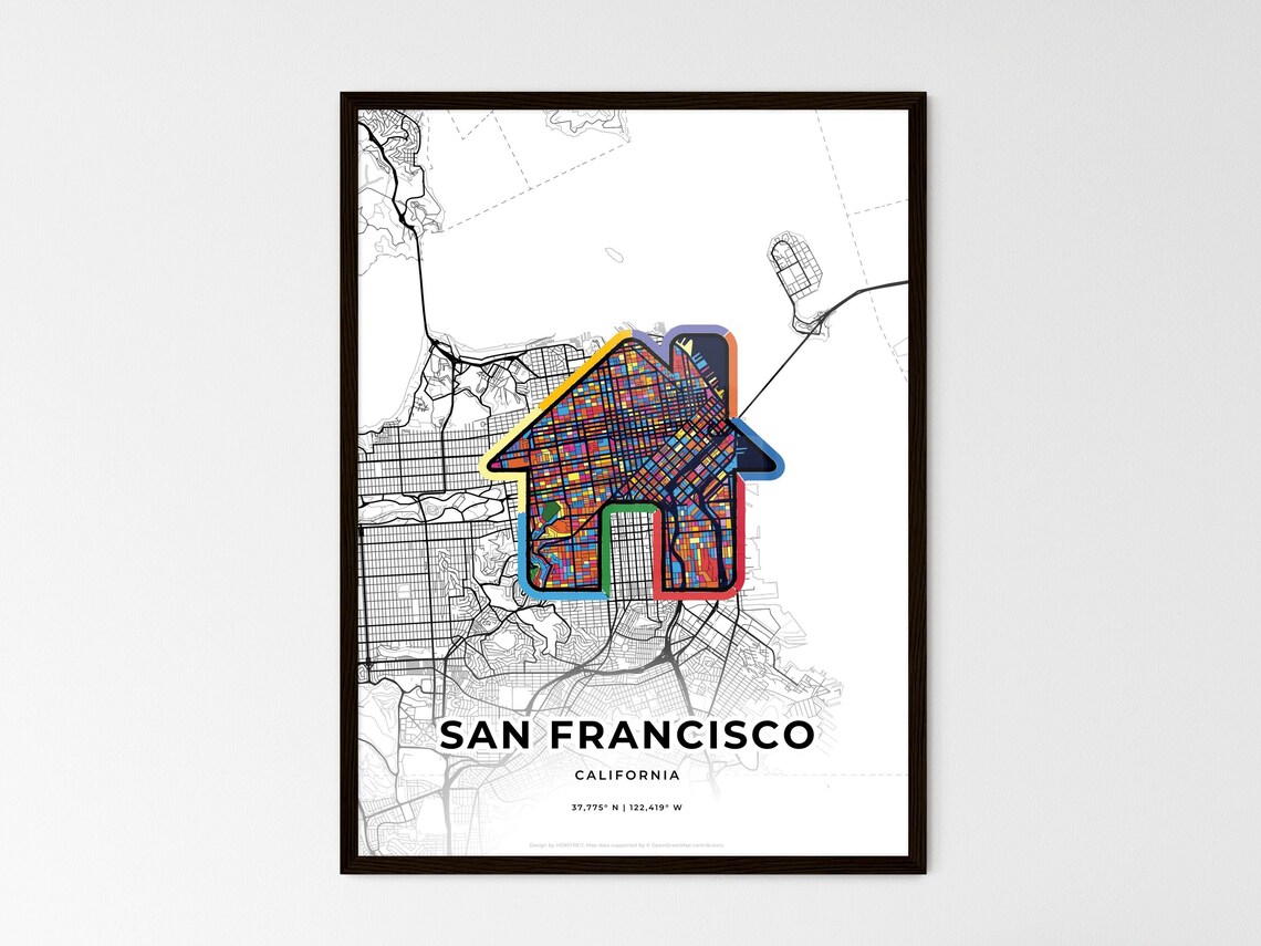 San Francisco California Minimal Map Art With Colorful Heart Icon Poster - Image 3