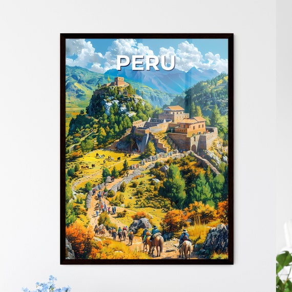 Peruvian Art Vibrant Mountaintop Scene With Traditional Architecture Travel Destinations Customizable