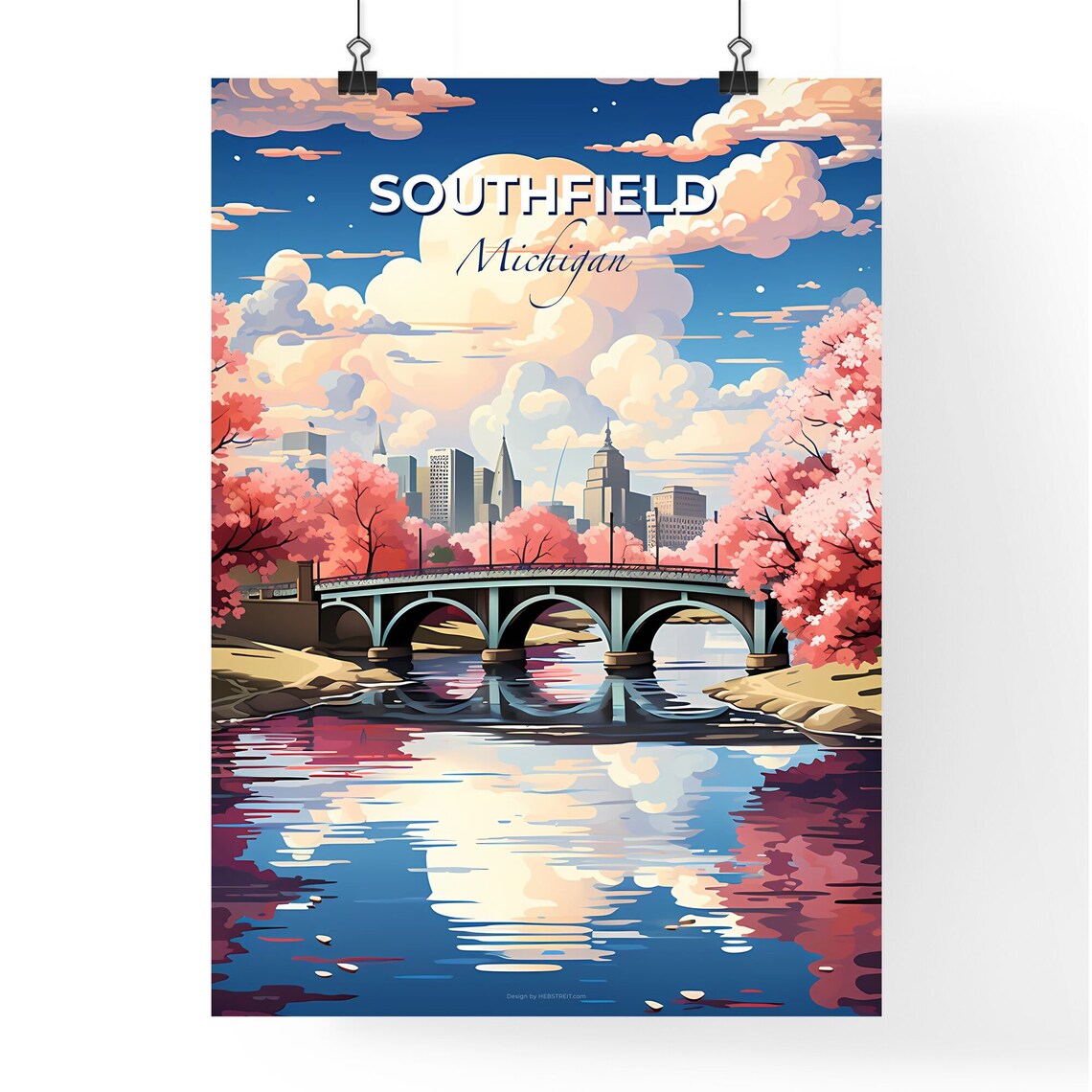 Southfield Michigan Spring Blossom River Bridge Skyline Poster - Image 4