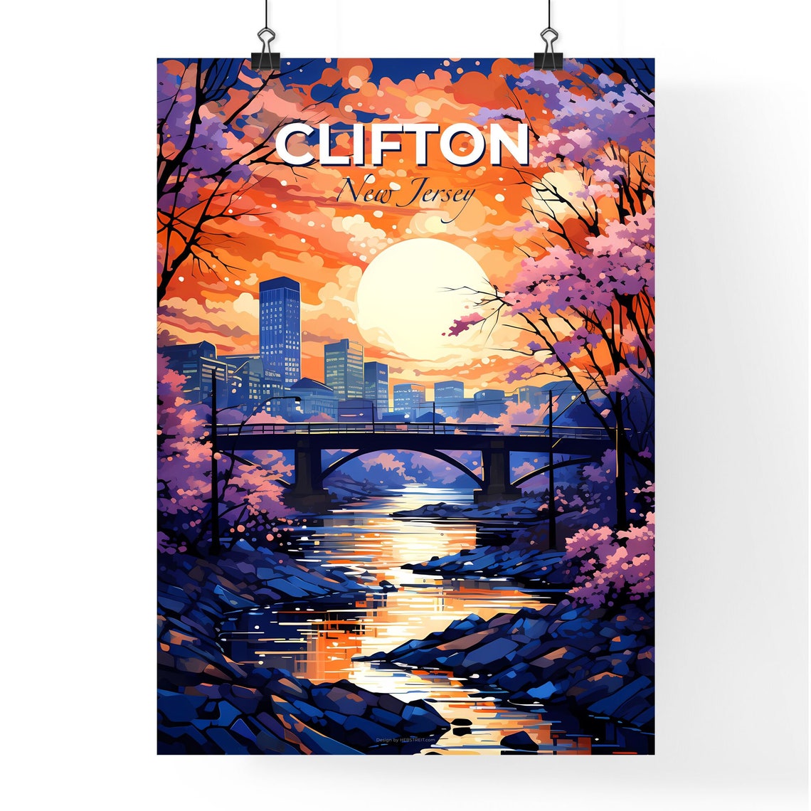 Clifton New Jersey Sunset River Bridge City Skyline Scene Poster - Image 4