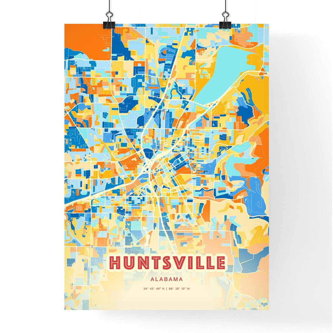 Huntsville Alabama Colorful Modern Blue Orange City Map Art Poster - Image 3