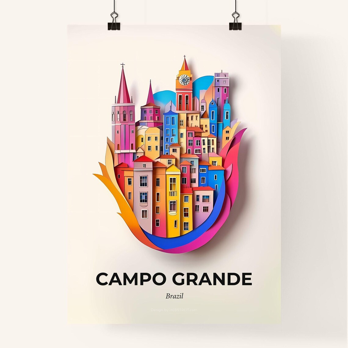 Campo Grande Brazil Clock Tower Churches Paper Cut City Art Poster - Image 4