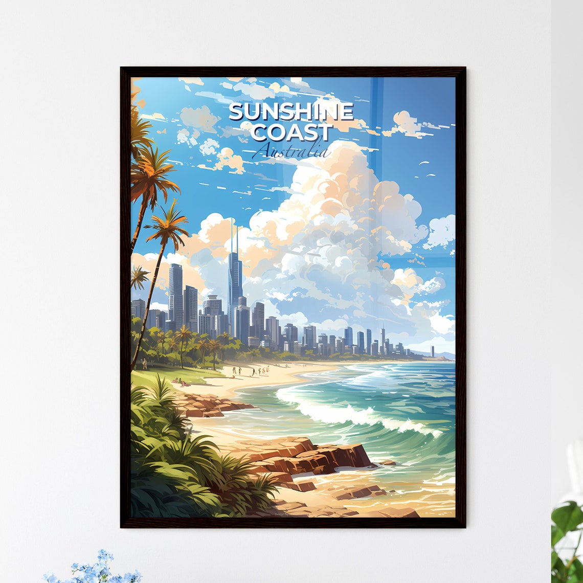 Sunshine Coast Australia Golden Surf Beach Skyline Travel Poster