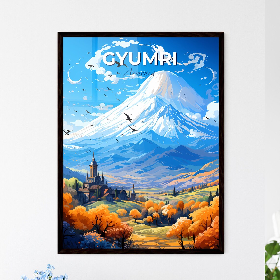 Gyumri Armenia Travel Poster With Snow Capped Mountain And Autumn Trees