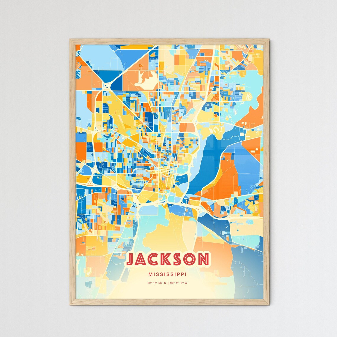 Jackson Mississippi Modern Geometric Blue Orange City Map Art Poster