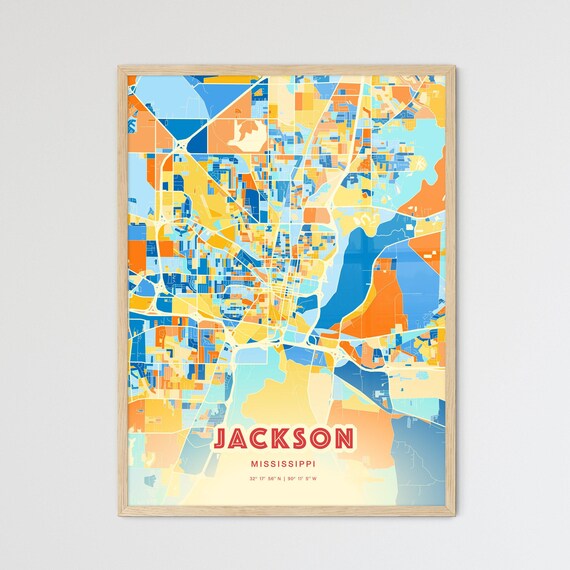 Jackson Mississippi Modern Geometric Blue Orange City Map Art Poster