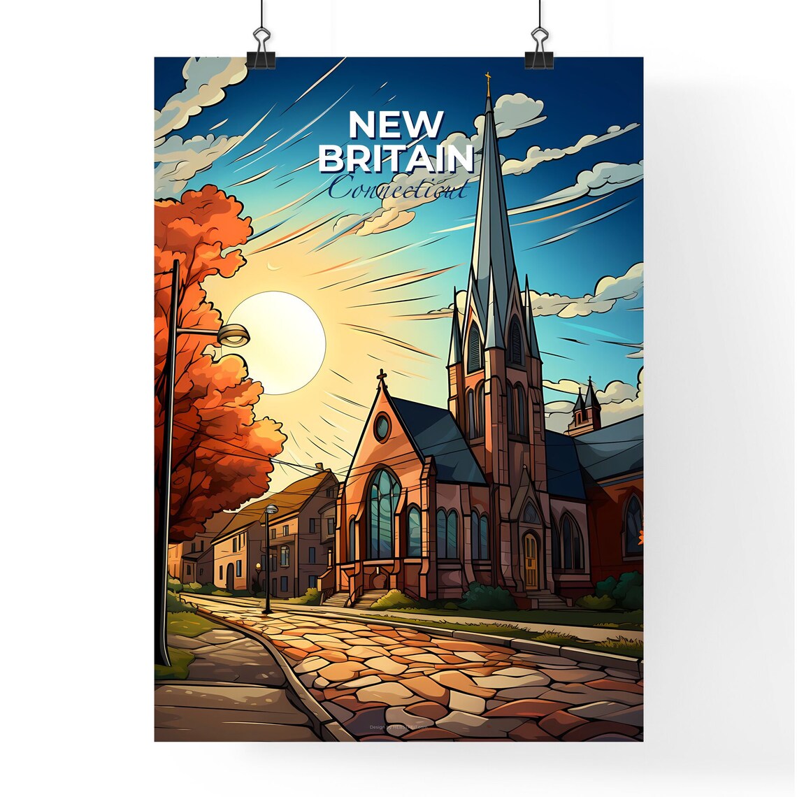 New Britain Connecticut Church Spire Cobblestone Street Poster - Image 4