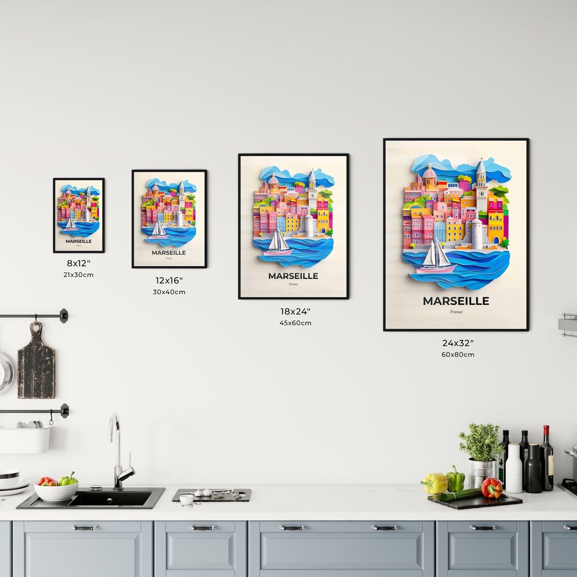Marseille France Colorful Paper Cut Harbor Sailboat Travel Poster - Image 3