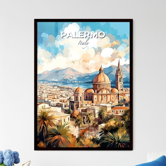 Palermo Italy Travel Poster Cathedral Dome Palm Trees Sea Mountains Art